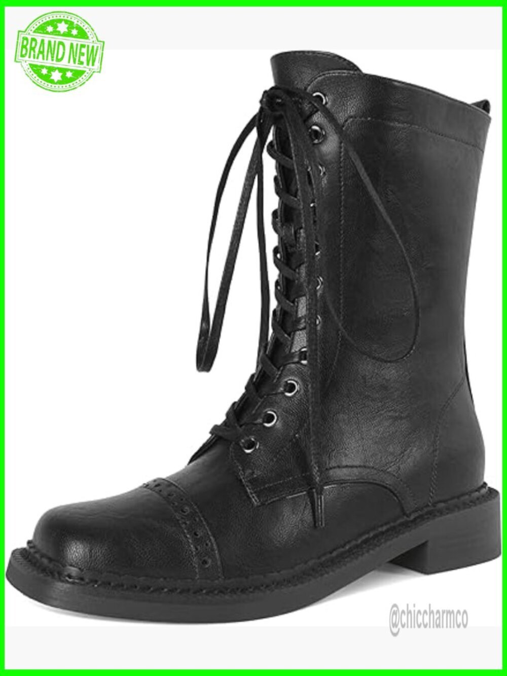 Mid Calf Combat Boots Chunky Low Heel Lace Up Side Zipper Square Toe